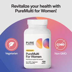 PureFormulas PureMulti for Women capsules closeup for convenient supplement form.