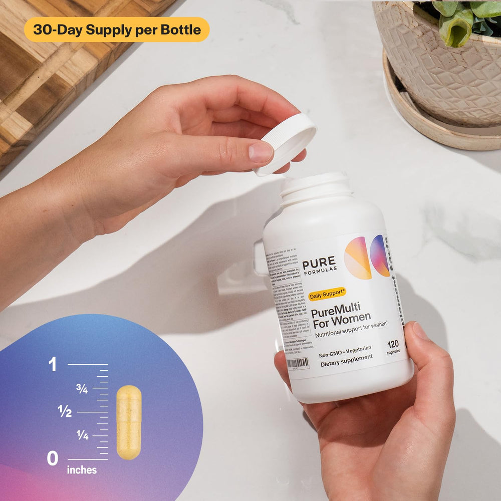 PureFormulas PureMulti for Women label detail highlights non-GMO formula.