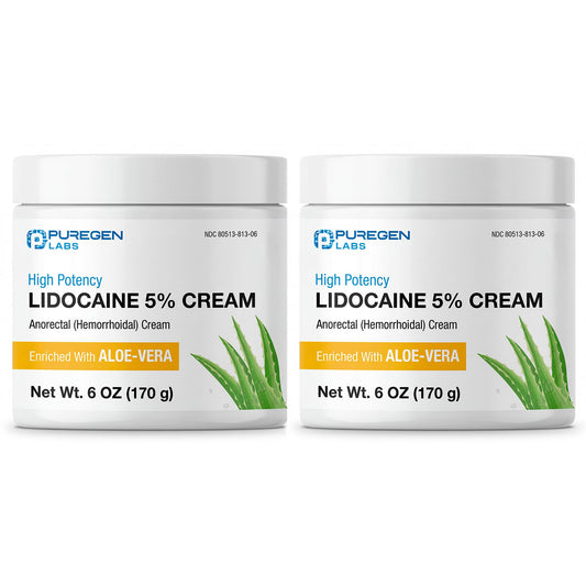 Puregen Labs 5% Lidocaine Cream tube front for quick relief.