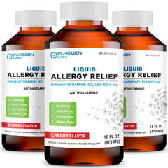 Puregen Labs Allergy Relief bottle in cherry flavor for home use