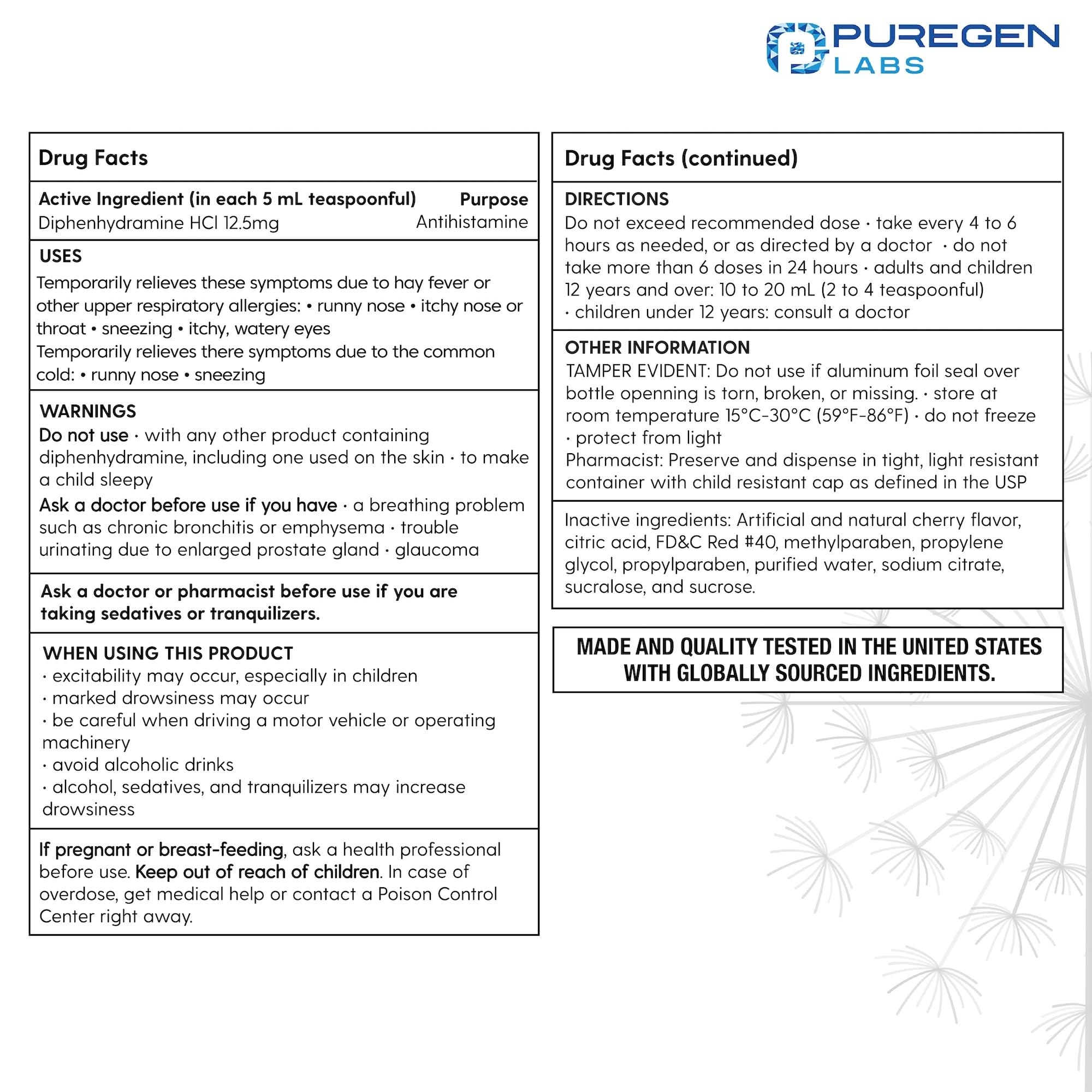 Diphenhydramine HCl label close-up showing 12.5 mg per 5 mL dose