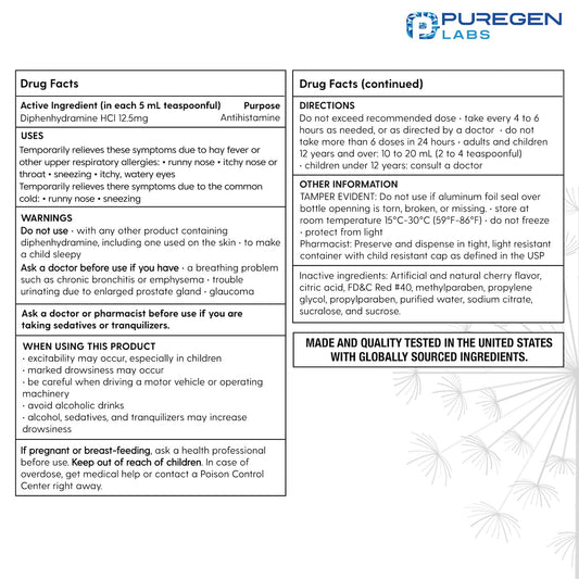 Diphenhydramine HCl label close-up showing 12.5 mg per 5 mL dose