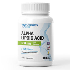 Puregen Labs Alpha Lipoic Acid 600mg bottle on table, highlighting potency.