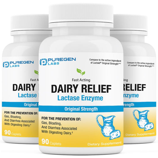 Puregen Labs Dairy Relief bottle front with caplets for dairy comfort