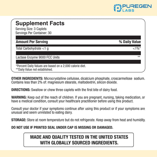 Puregen Labs Dairy Relief caplets closeup showing fast-acting lactase