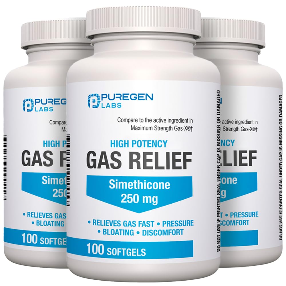 P Puregen Labs Gas Relief Softgels 250 mg bottle for quick, reliable relief.