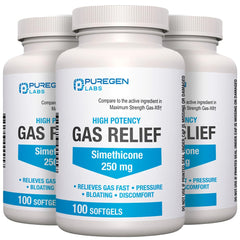 P Puregen Labs Gas Relief Softgels 250 mg bottle for quick, reliable relief.