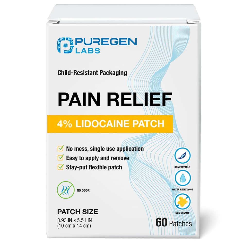 Puregen Labs Lidocaine 4% patch box for targeted pain relief.