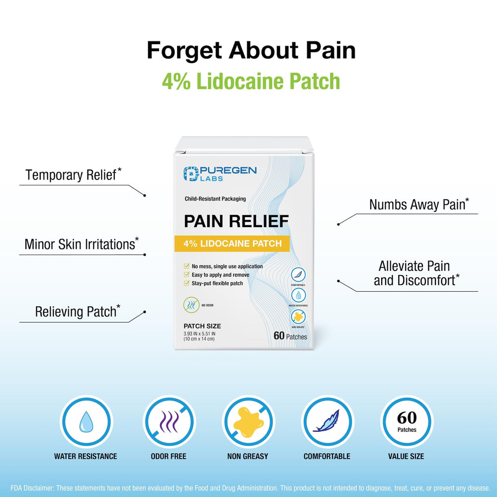 Puregen Labs Lidocaine 4% patch worn on knee shows localized numbness potential.