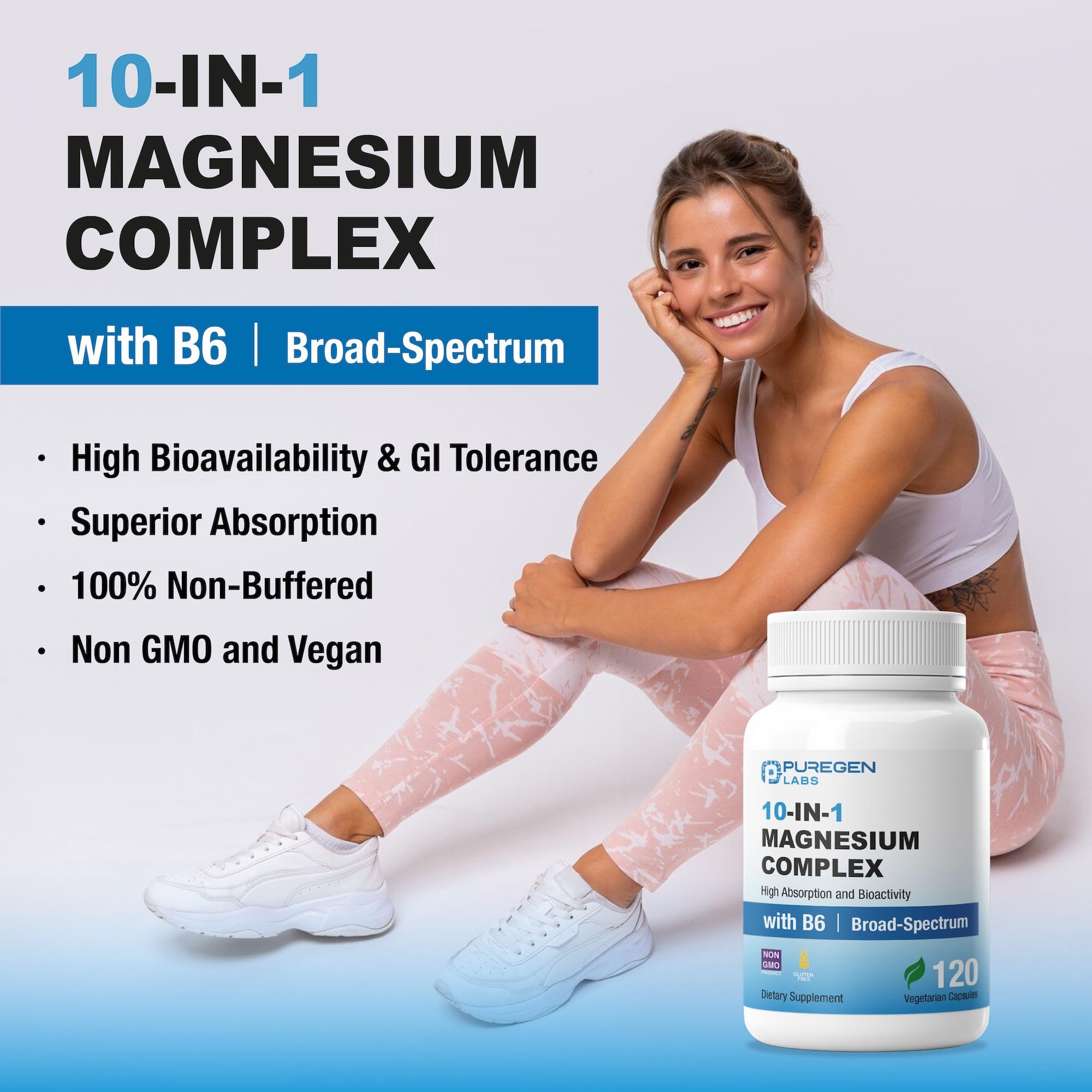 Puregen Labs Magnesium 10in1 bottle label shows multi-source magnesium for balanced support