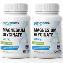 P Puregen Labs Magnesium Glycinate 500mg bottle supports daily wellness with high potency.