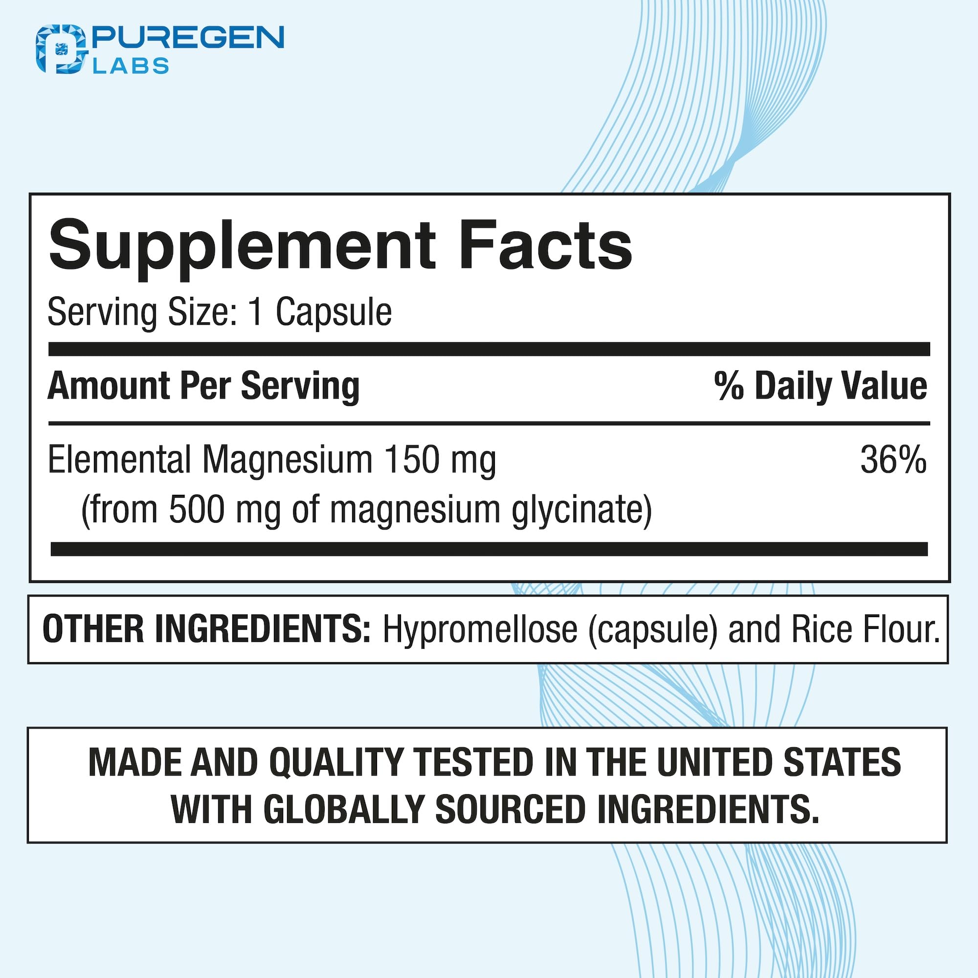 P Puregen Labs Magnesium Glycinate 500mg capsules close-up highlights gentle digestion.