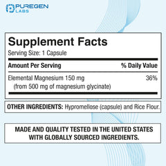 P Puregen Labs Magnesium Glycinate 500mg capsules close-up highlights gentle digestion.