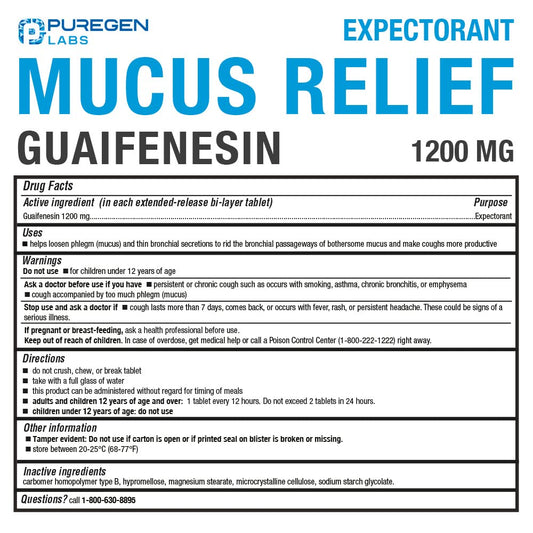 Puregen Labs Mucus Relief tablets close-up showing 1200mg guaifenesin.