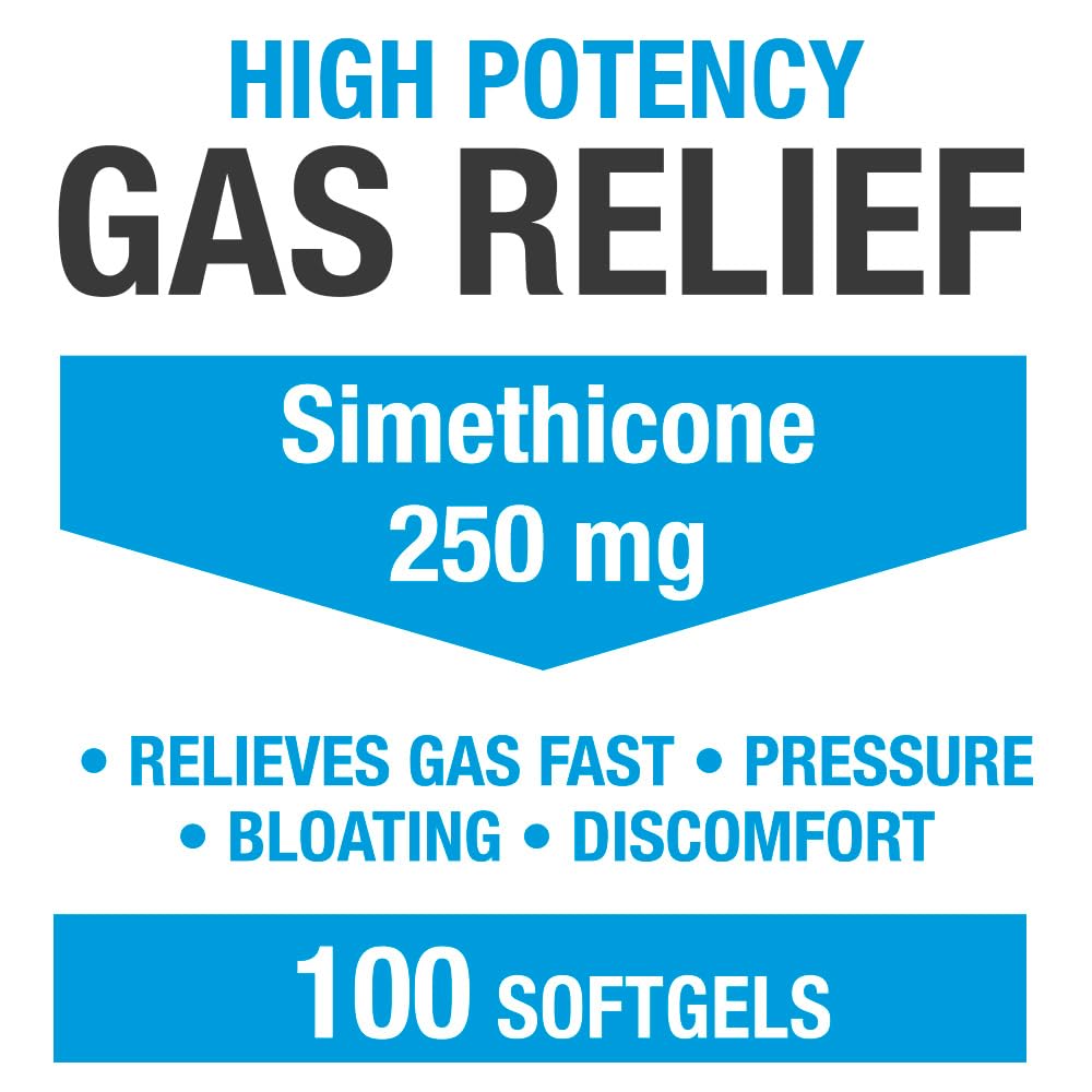 P Puregen Labs Simethicone 250 mg softgels ease bloating and pressure.