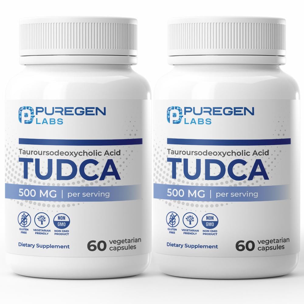 Puregen Labs Tudca bottle front view showing 500 mg per serving.