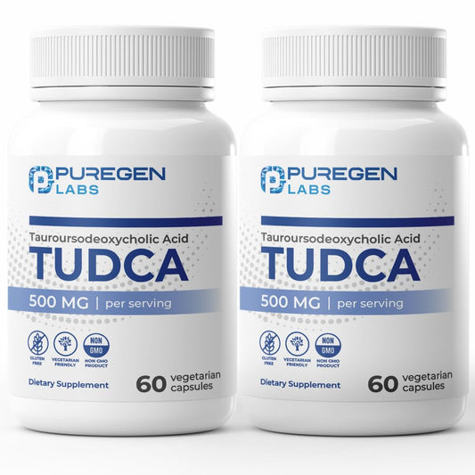 Puregen Labs Tudca bottle front view showing 500 mg per serving.
