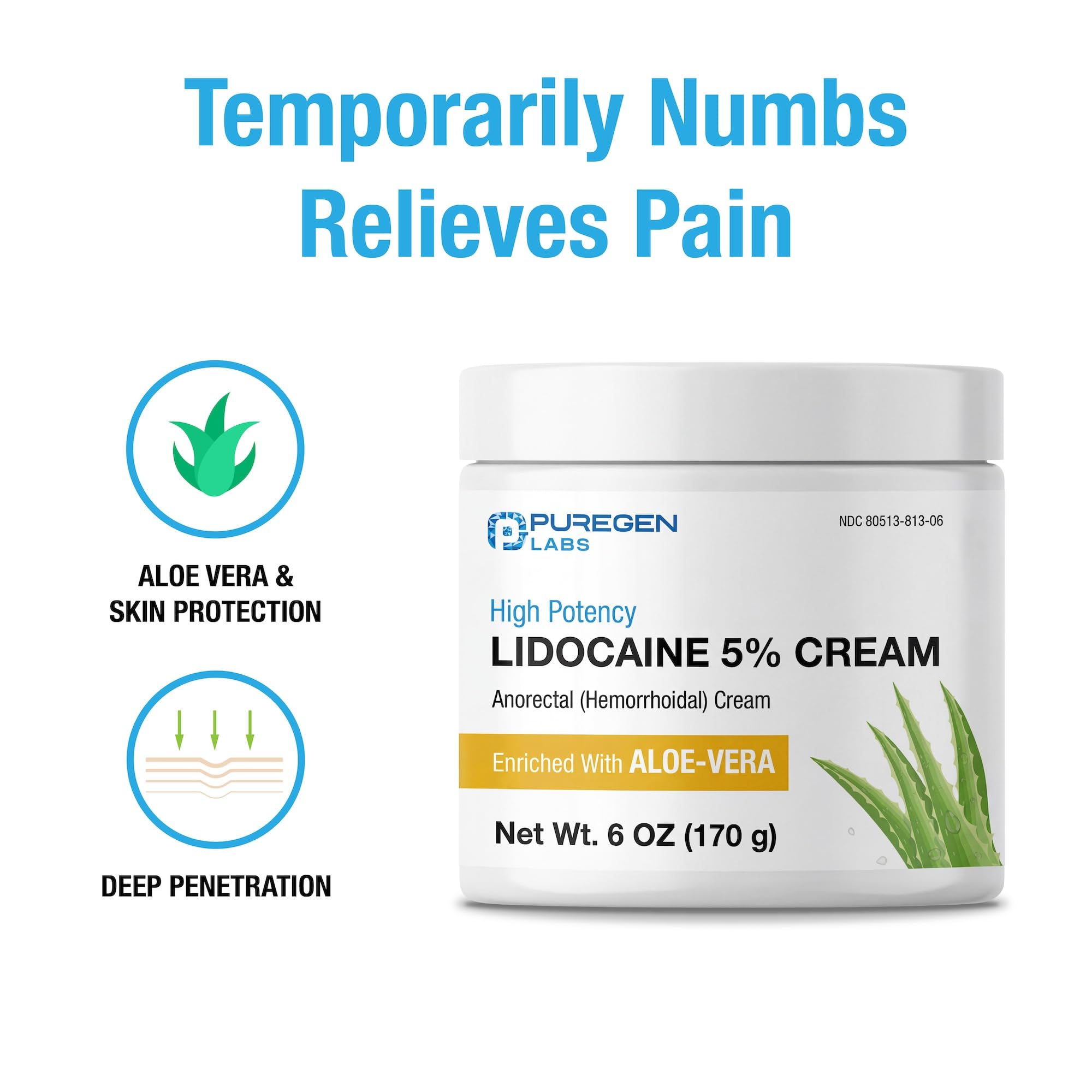 Puregen Labs lidocaine cream 5% packaging showing six-tube box