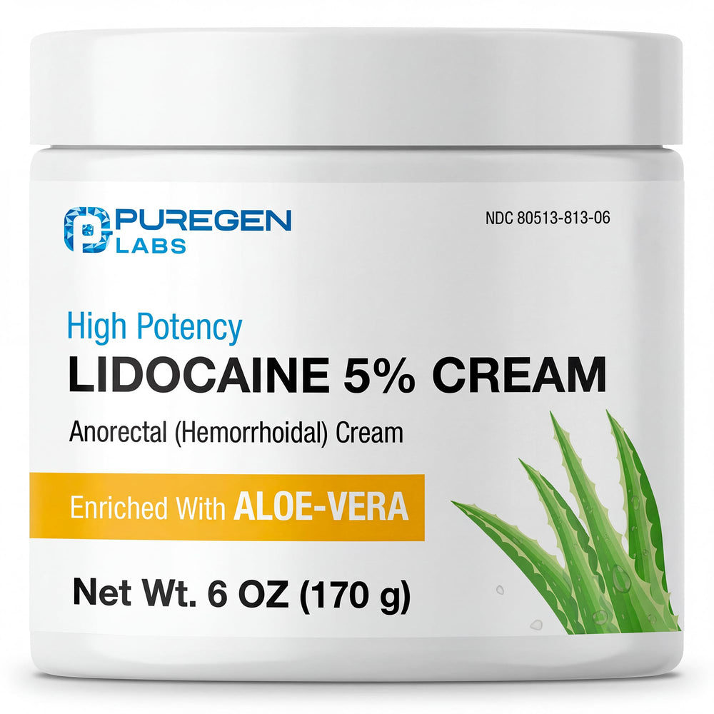 Puregen Labs lidocaine cream 5% tube closeup for fast numbing