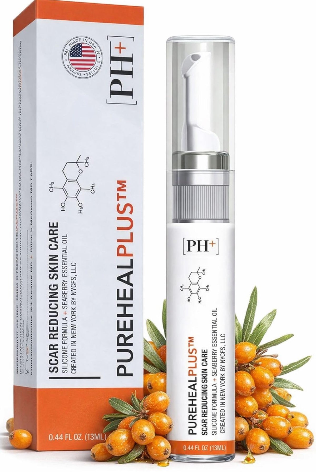 PureHealPlus silicone scar gel packaging showing branding and key claims