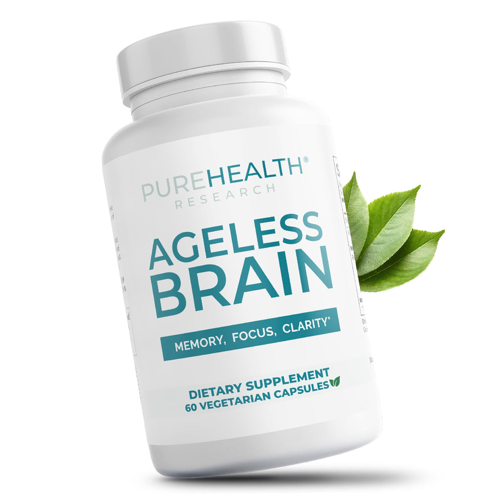 PureHealth Research Ageless Brain bottle and capsules for daily focus support.