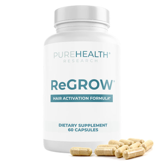 PureHealth ReGrow bottle cap showing easy daily capsules for hair support