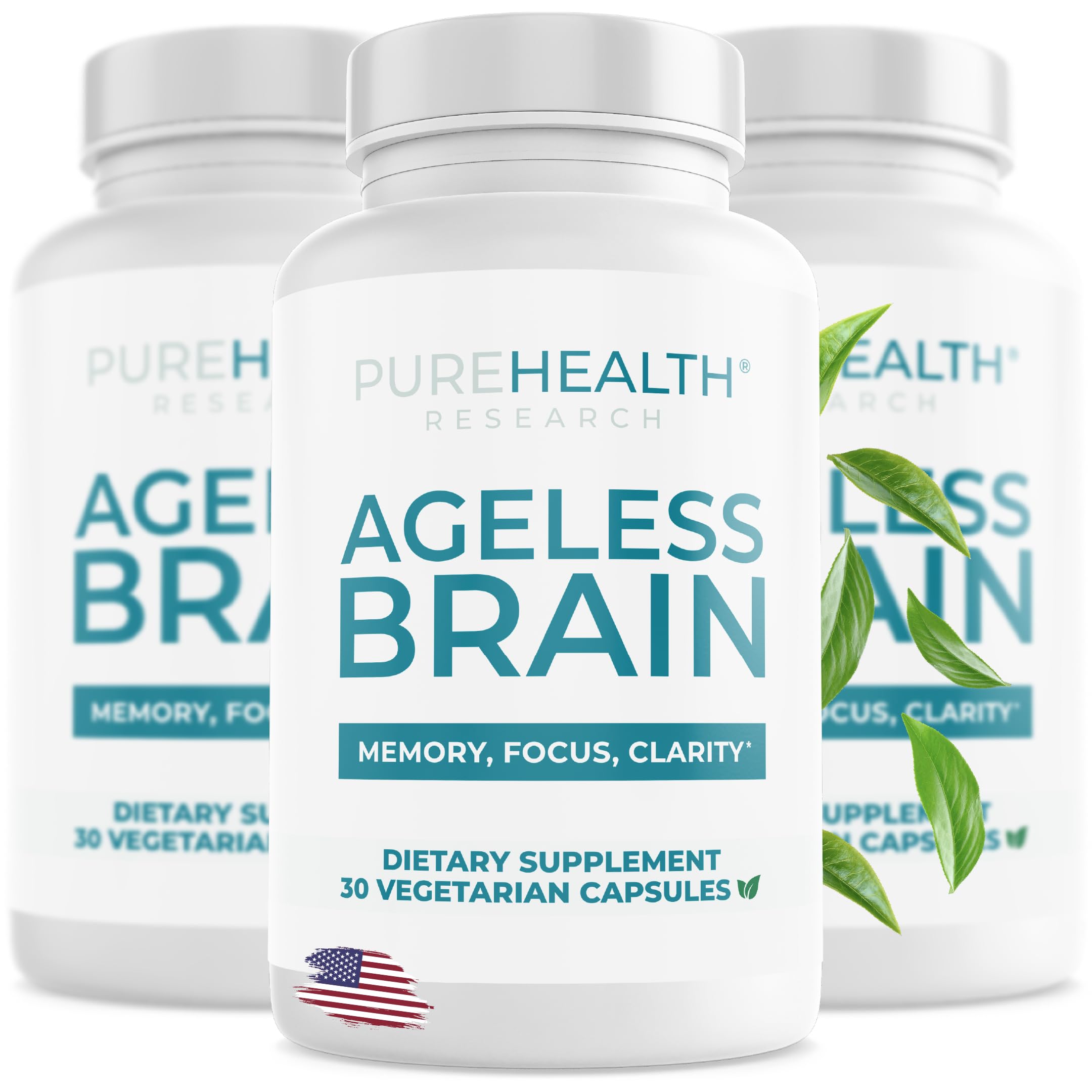 PureHealth Research Ageless Brain bottle front for daily focus support.