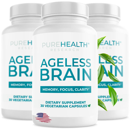 PureHealth Research Ageless Brain bottle front for daily focus support.