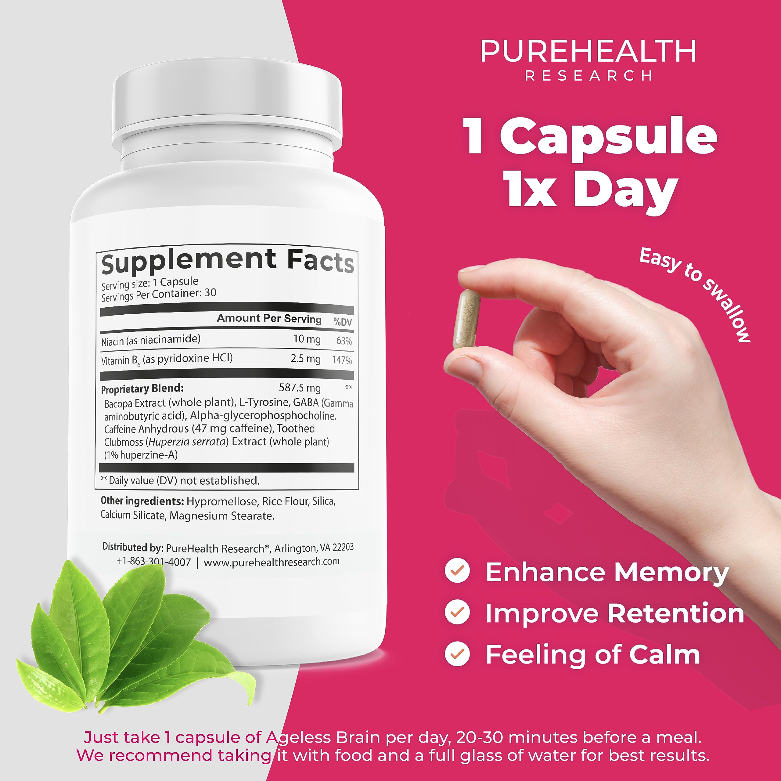 PureHealth Research Ageless Brain ingredients icons featuring Alpha GPC and botanicals.