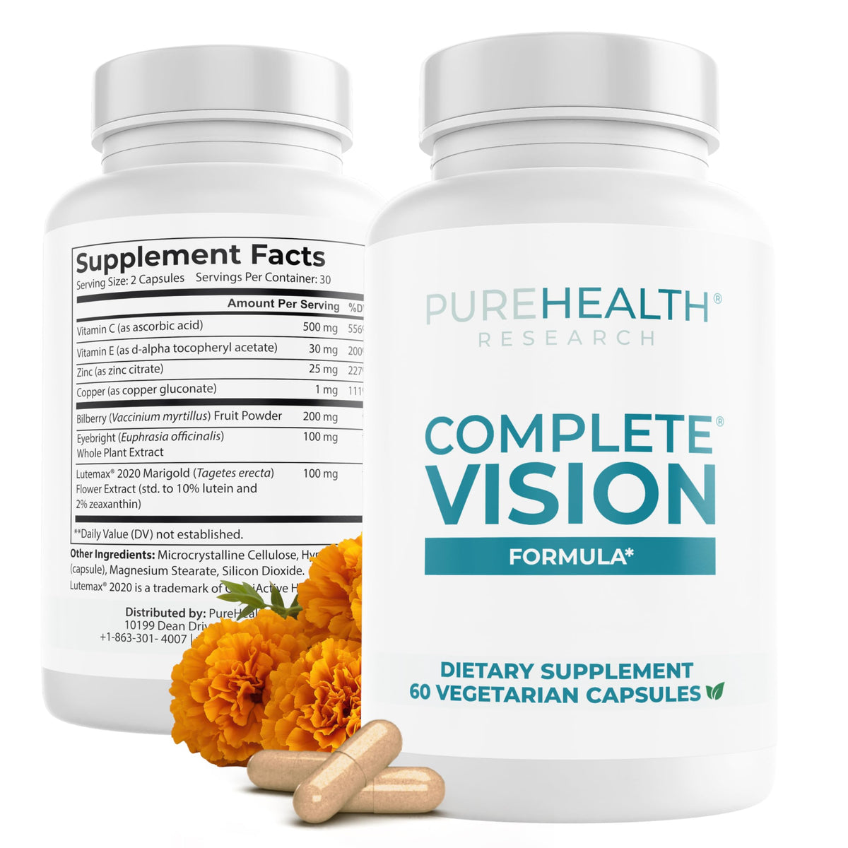 PureHealth Research Complete Vision Formula bottle on a clean surface for daily eye wellness
