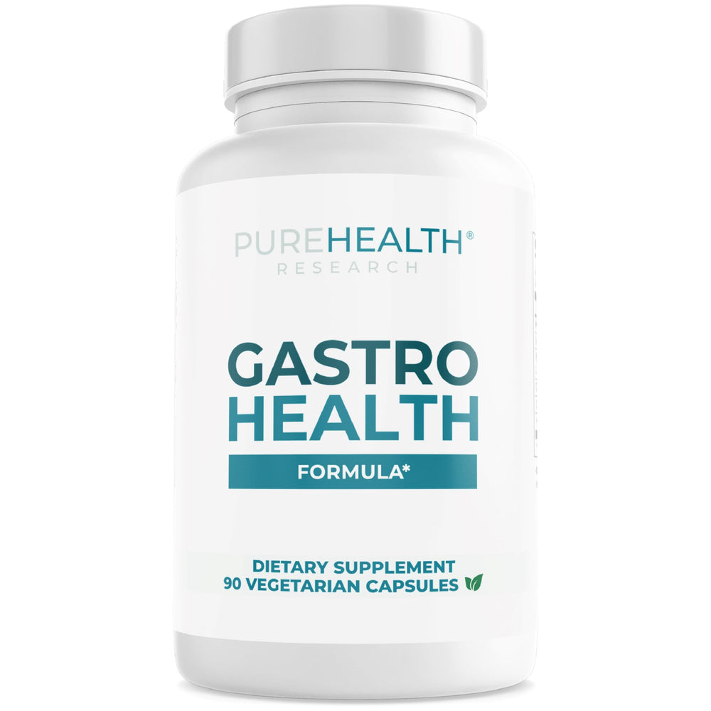 PUREHEALTH RESEARCH Gastro Health Formula bottle highlighting digestive support for daily comfort.