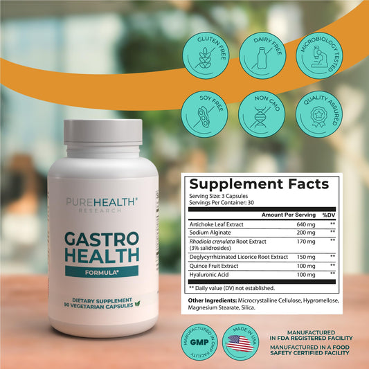 PUREHEALTH RESEARCH Gastro Health Formula capsules closeup, convenient daily use for reflux-friendly routines.
