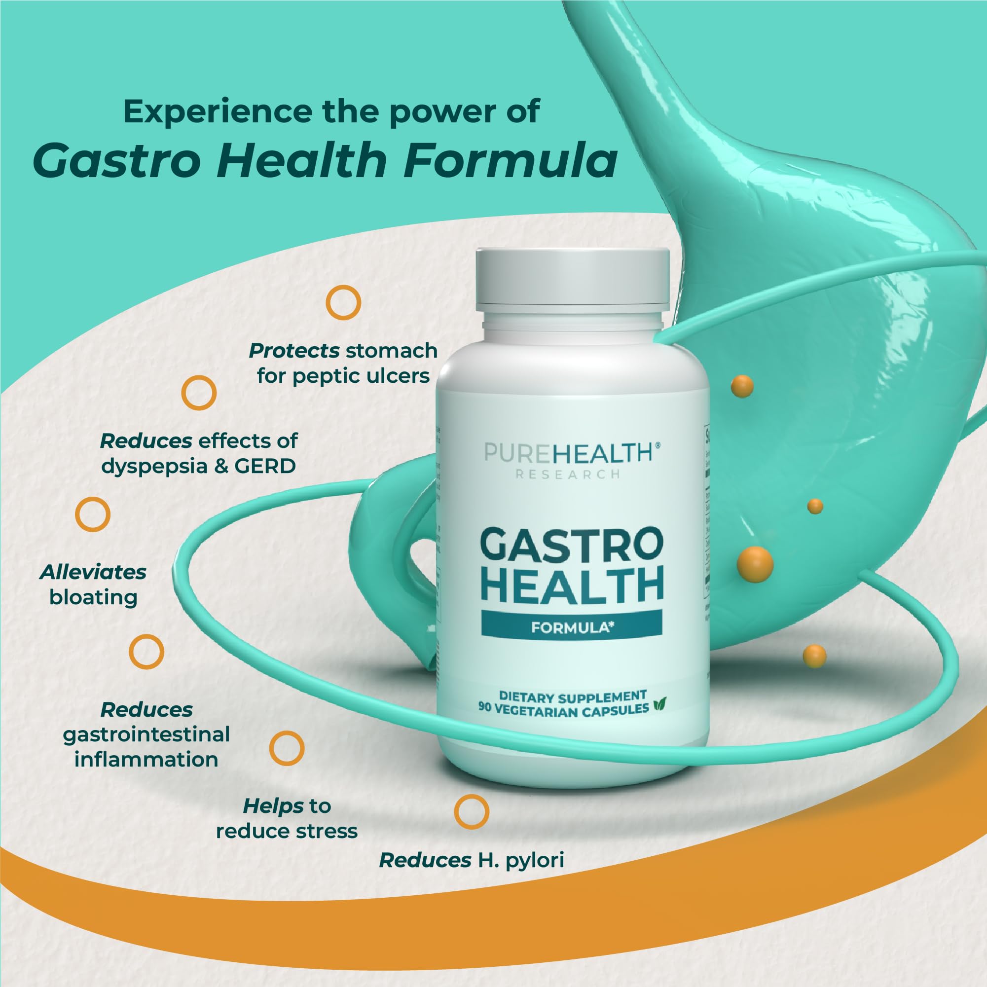 PUREHEALTH RESEARCH Gastro Health Formula daily-use blister pack, easy intake for digestive balance.