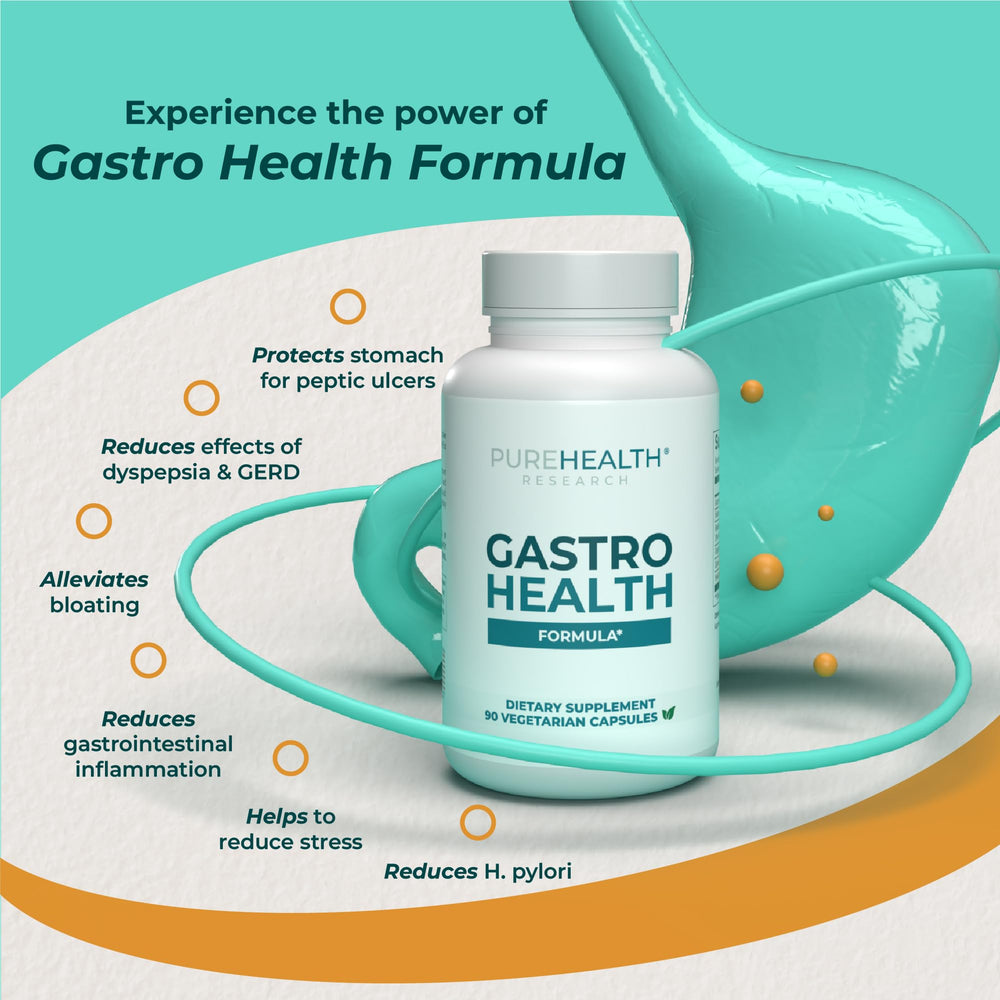PUREHEALTH RESEARCH Gastro Health Formula daily-use blister pack, easy intake for digestive balance.