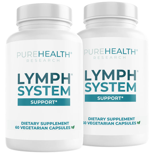 PUREHEALTH RESEARCH Lymph System Support bottle front promotes holistic lymphatic wellness.