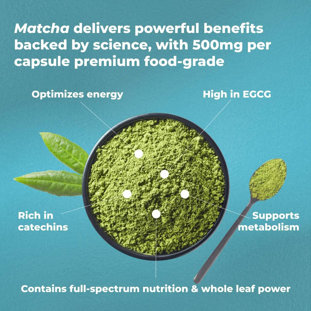 PureHealth Matcha capsules close-up shows powder-rich capsules for daily energy