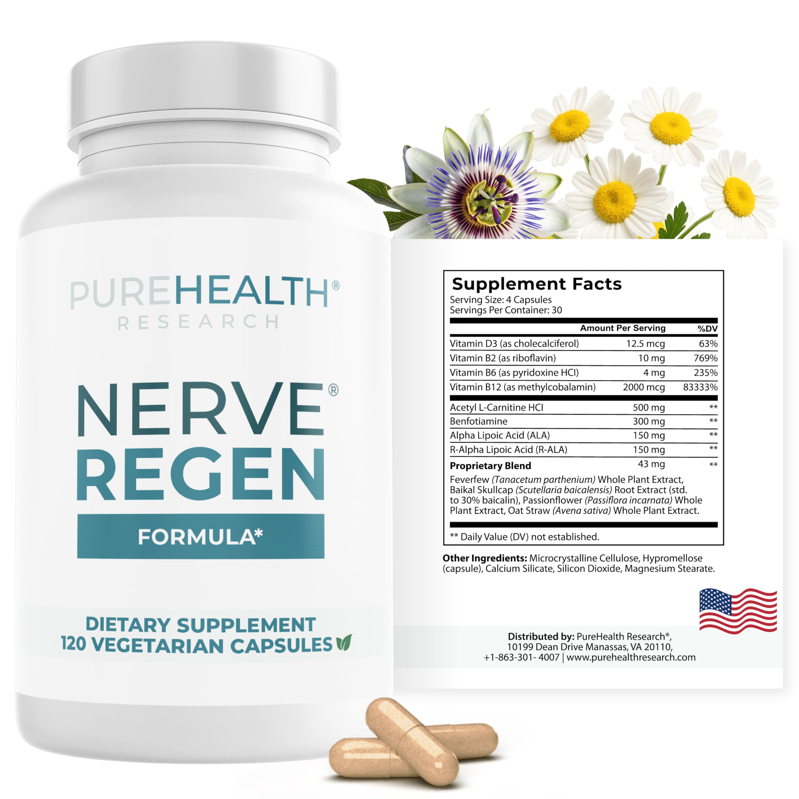 PUREHEALTH RESEARCH Nerve Regen Formula bottle front showing product name and purpose