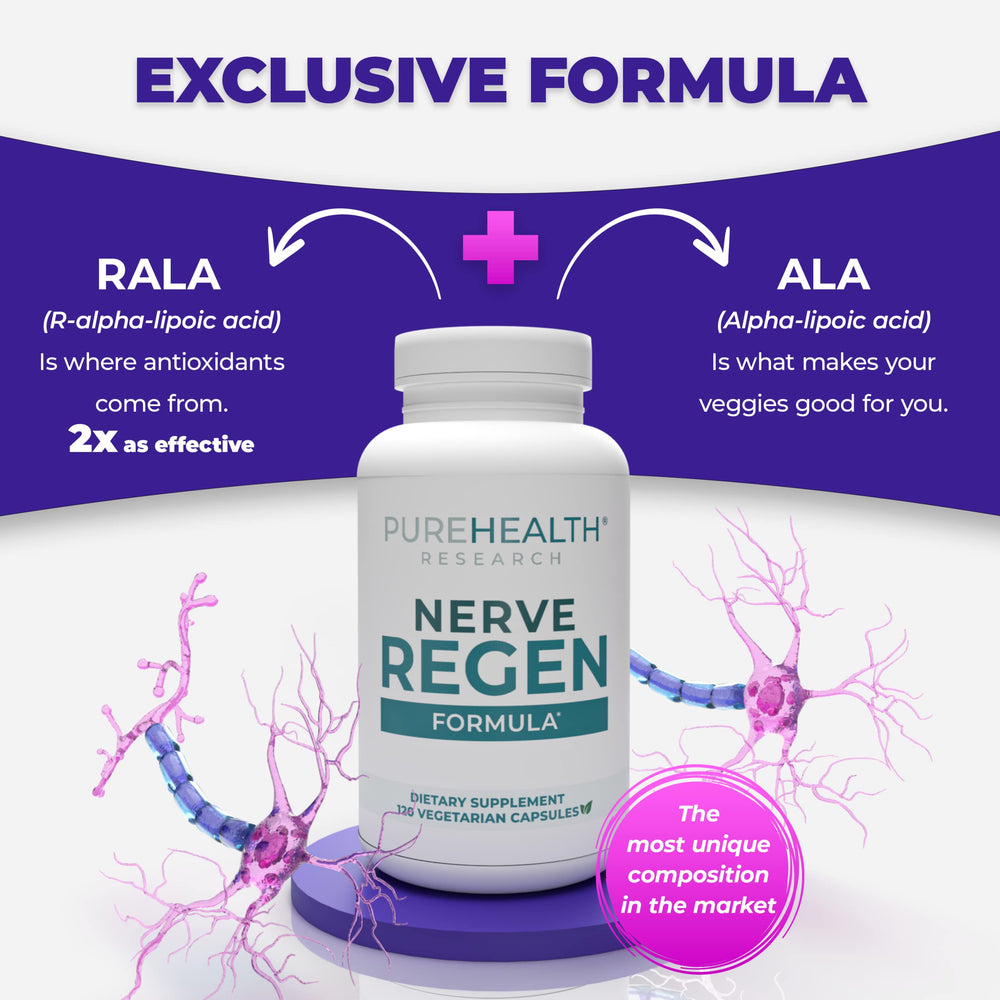PureHealth Research Nerve Regen formulation graphic emphasizes feverfew connection.
