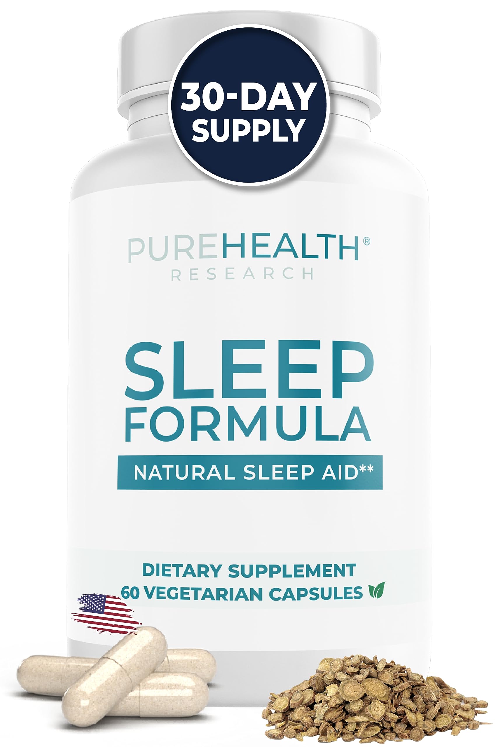 PUREHEALTH RESEARCH Sleep Formula bottle label evokes calm nights and restful sleep.