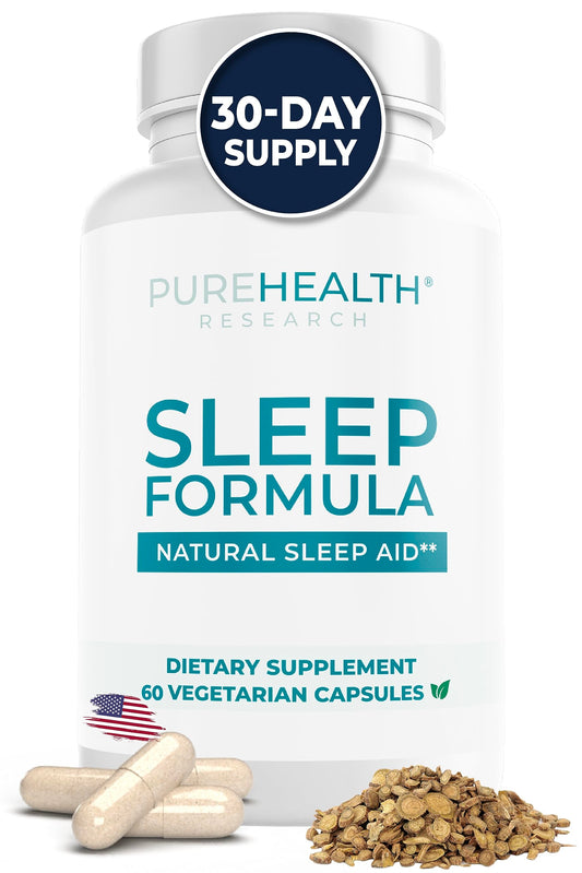 PUREHEALTH RESEARCH Sleep Formula bottle label evokes calm nights and restful sleep.