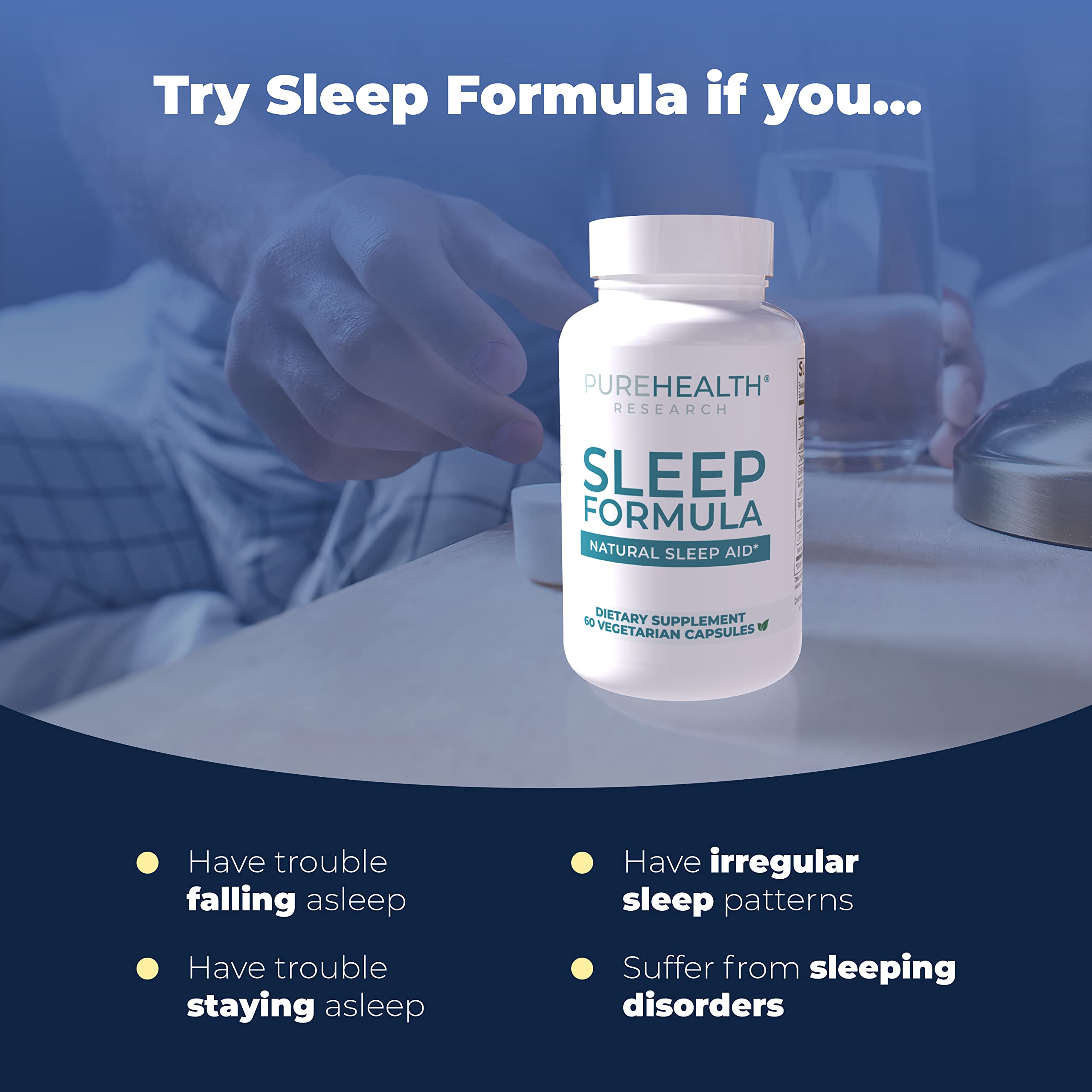 PUREHEALTH RESEARCH Sleep Formula ingredients blend with valerian, GABA, and L-Tryptophan.
