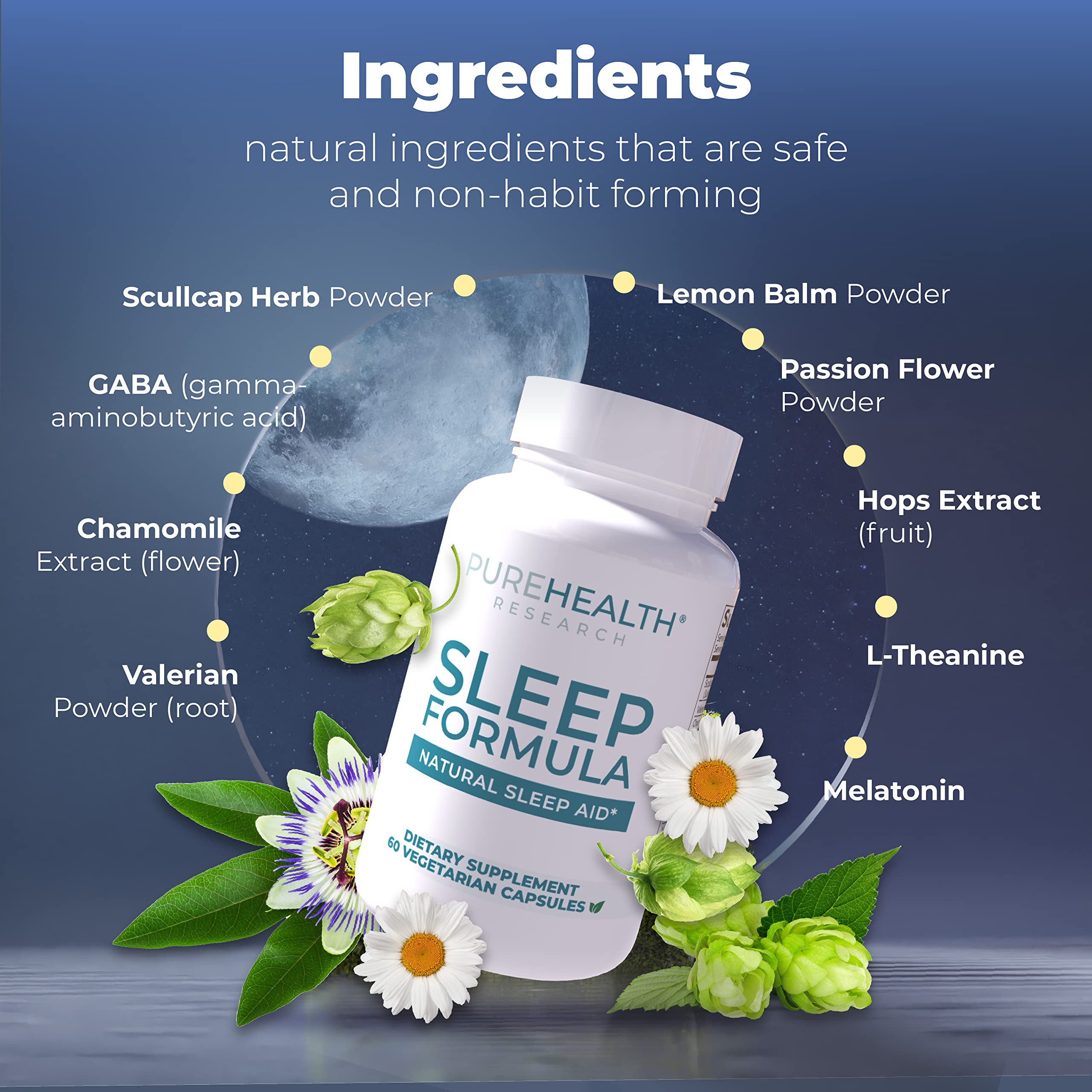 PUREHEALTH RESEARCH Sleep Formula on nightstand scene conveys calm nights and fresh mornings.