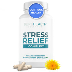 PUREHEALTH RESEARCH Stress Release Complex bottle front supports daily mood balance.