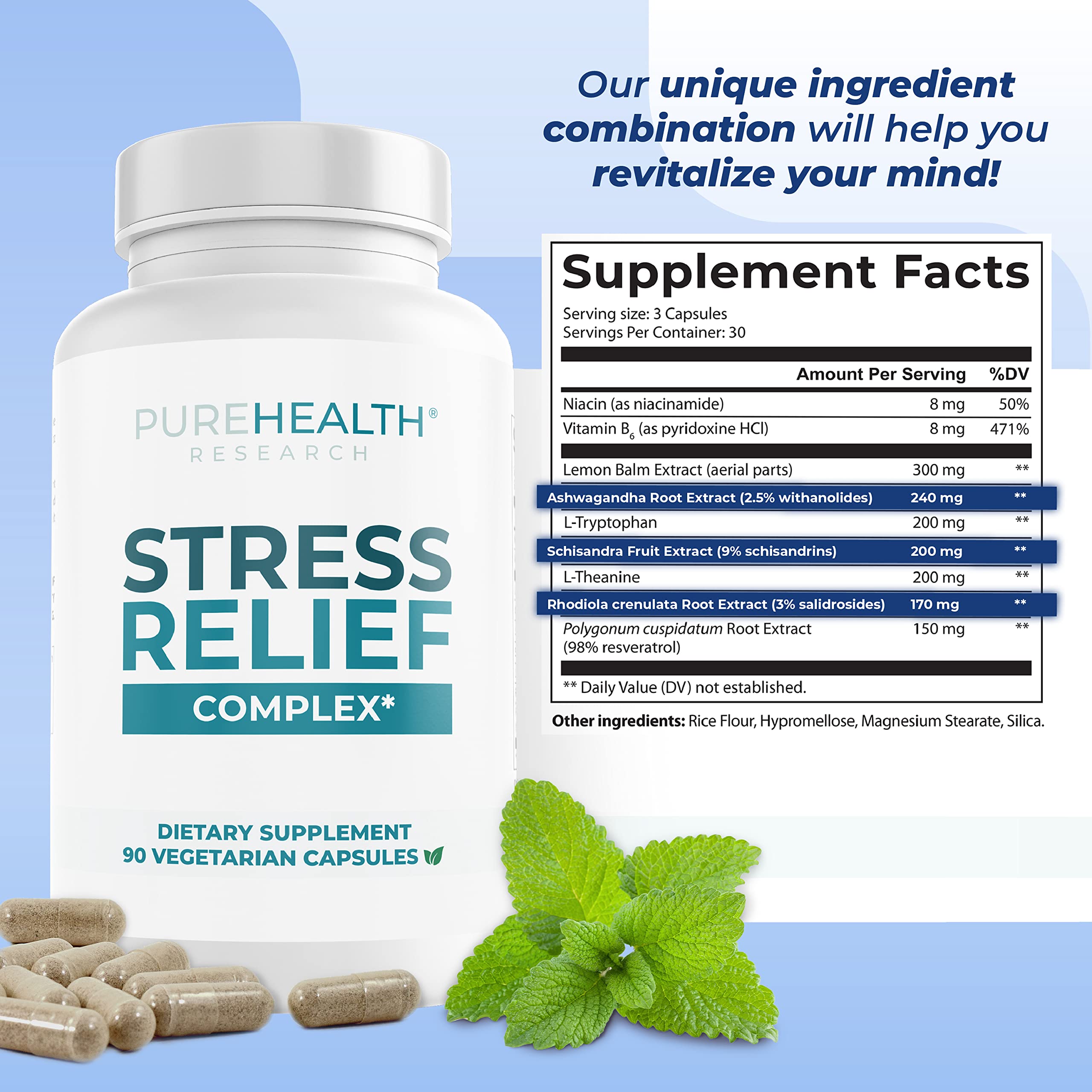 PUREHEALTH RESEARCH Stress Release Complex Lemon Balm highlights gentle relaxation and focus.