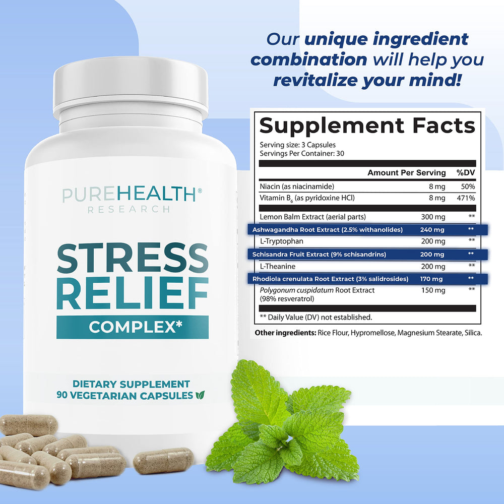 PUREHEALTH RESEARCH Stress Release Complex Lemon Balm highlights gentle relaxation and focus.