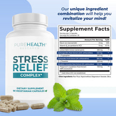 PUREHEALTH RESEARCH Stress Release Complex Lemon Balm highlights gentle relaxation and focus.
