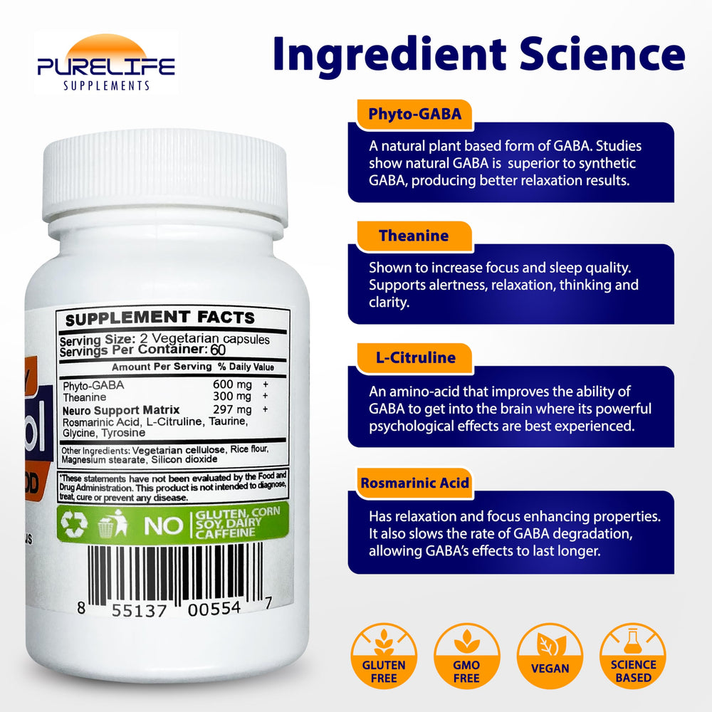 PureLife Gabatrol Daily capsules on table during a focused session.