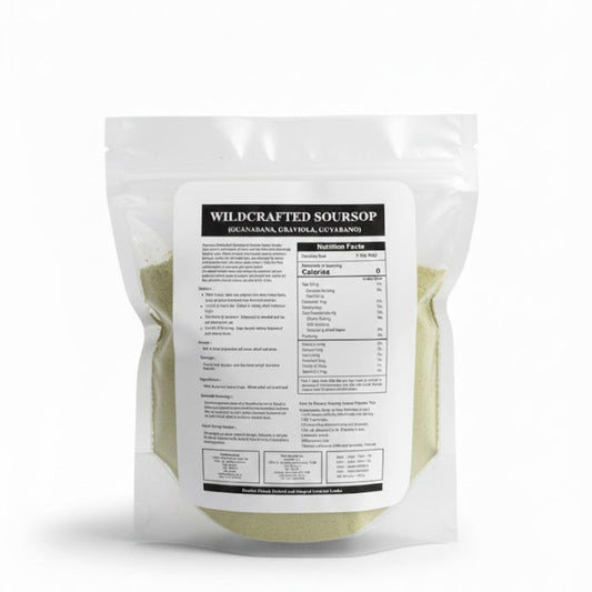 Close-up view of Purelife Graviola powder, showcasing a fine, green texture ready for mixing.