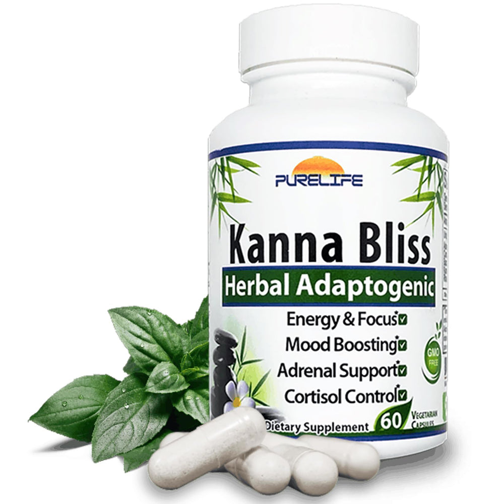 PureLife Kanna Bliss bottle front showcasing a natural adaptogen blend for focus