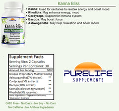 PureLife Kanna Bliss capsules close-up showing the two-capsule daily dosage